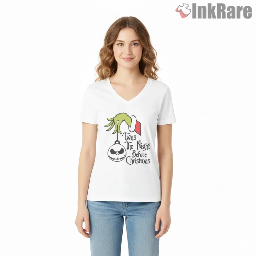 Grinch And Jack Skellington Nightmare Christmas Crossover Shirt on white v-neck shirt for women graphic tee