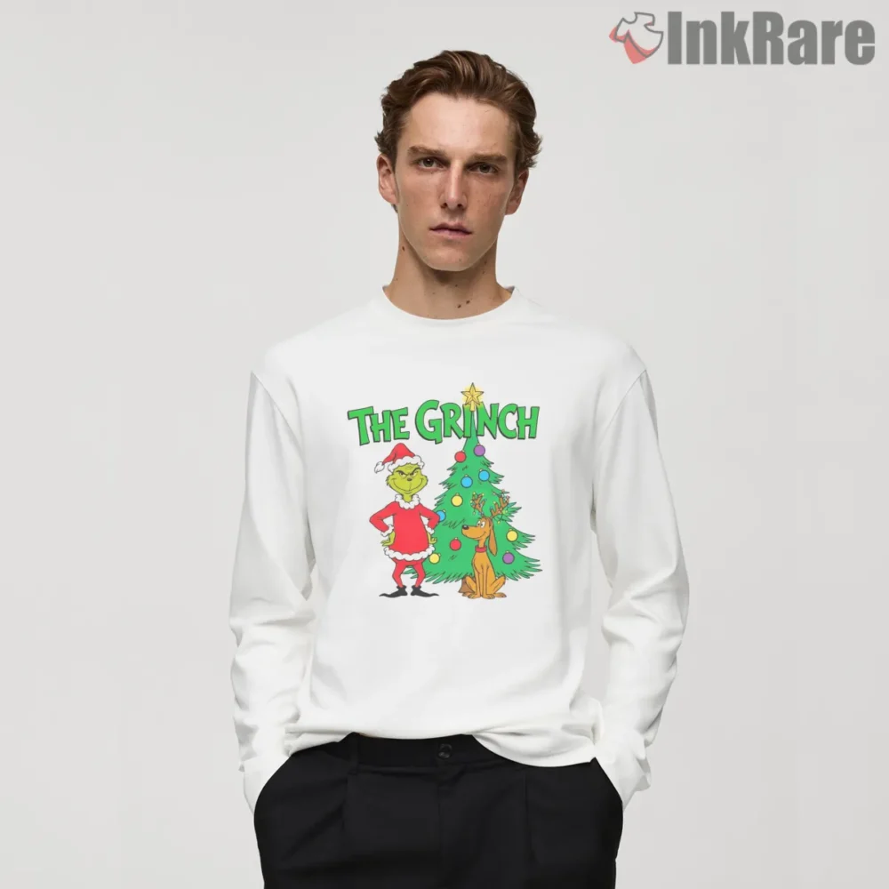 Grinch And Max By The Christmas Tree Holiday Shirt on white long sleeve shirt for men graphic tee