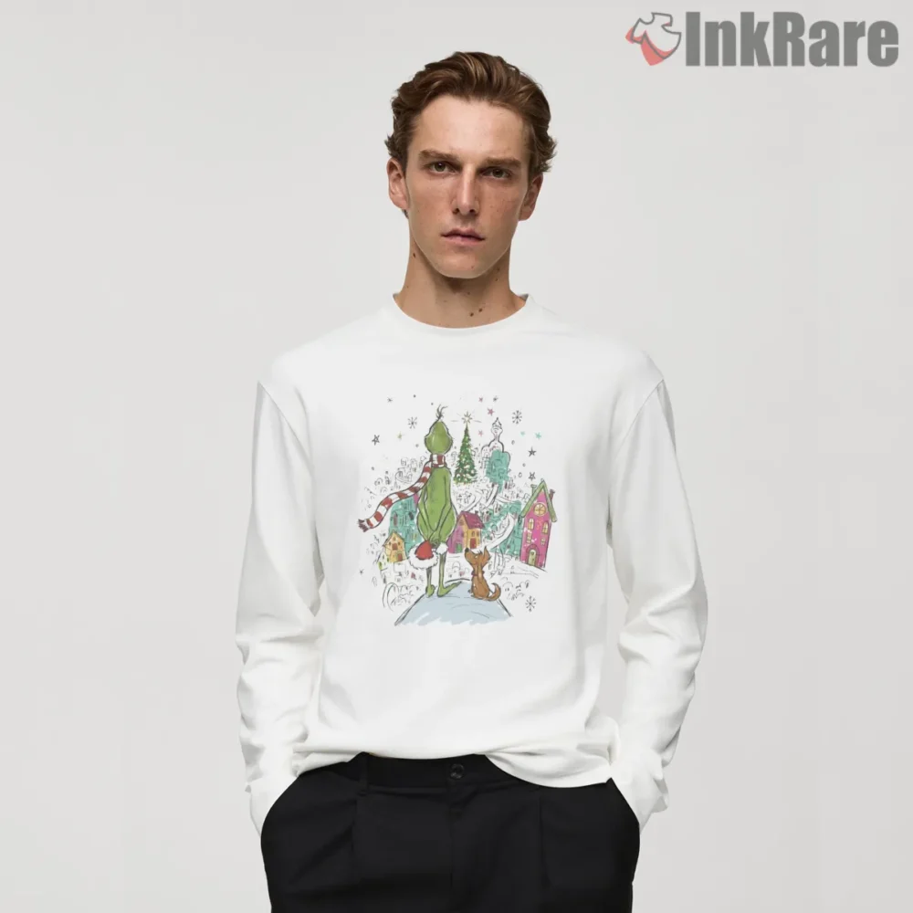 Grinch And Max Whoville Christmas Scene Shirt on white long sleeve shirt for men graphic tee