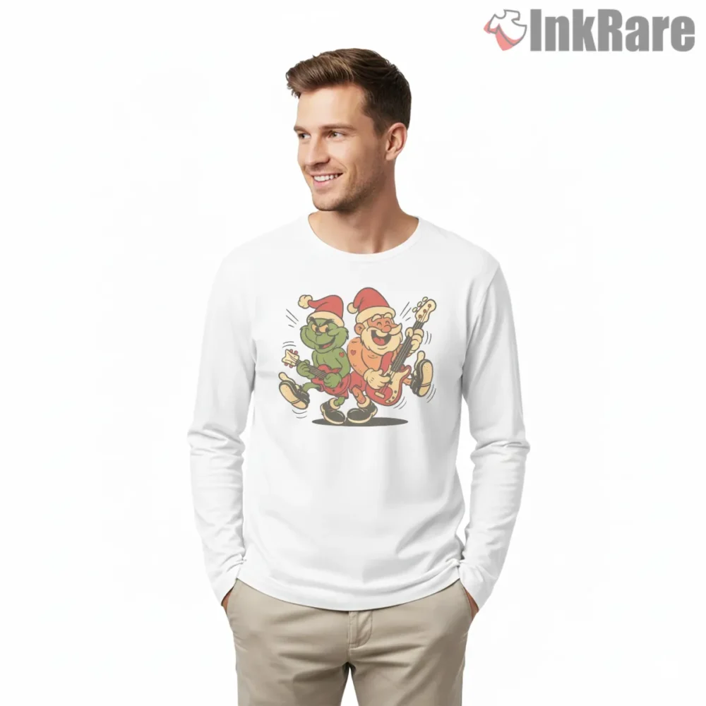 Grinch And Santa Rock Band Christmas Jam Shirt on white long sleeve shirt for men graphic tee