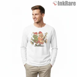 Grinch And Santa Rock Band Christmas Jam Shirt on white long sleeve shirt for men graphic tee