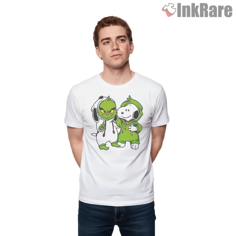 Grinch And Snoopy Cindy Lou Streetwear Christmas Shirt on white short sleeve shirt for men graphic tee
