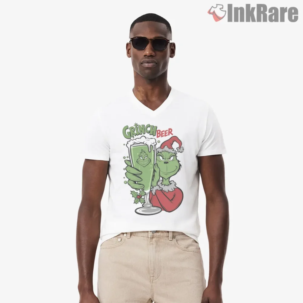 Grinch Beer Cheers Holiday Drinking Shirt on white v-neck shirt for men graphic tee