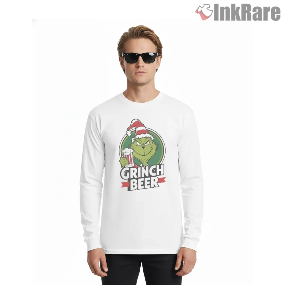 Grinch Beer Holiday Drinking Shirt on white long sleeve shirt for men graphic tee