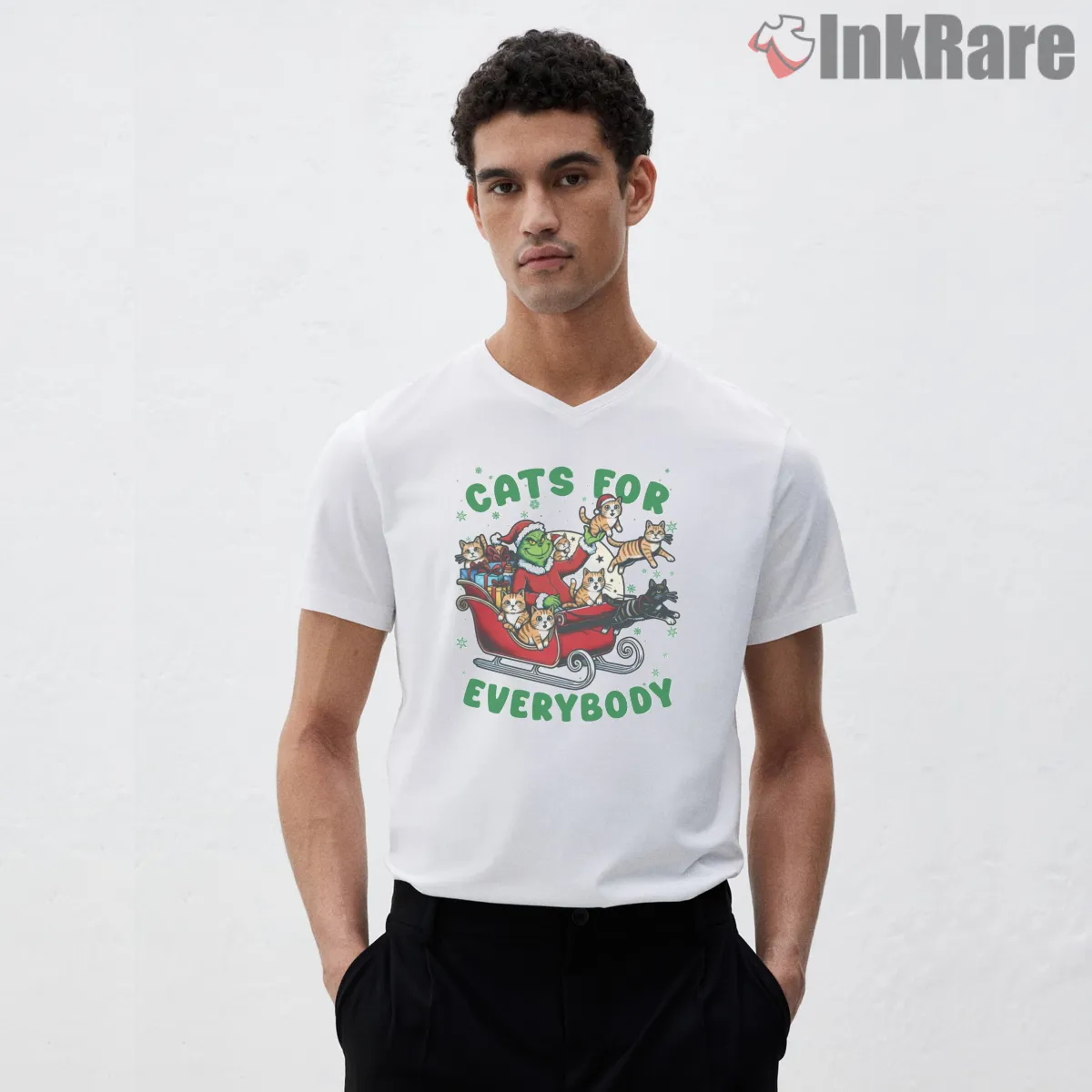 Grinch Cats For Everybody Christmas Sleigh V Neck White Grinch Cats For Everybody Christmas Sleigh Shirt on white v-neck shirt for men graphic tee