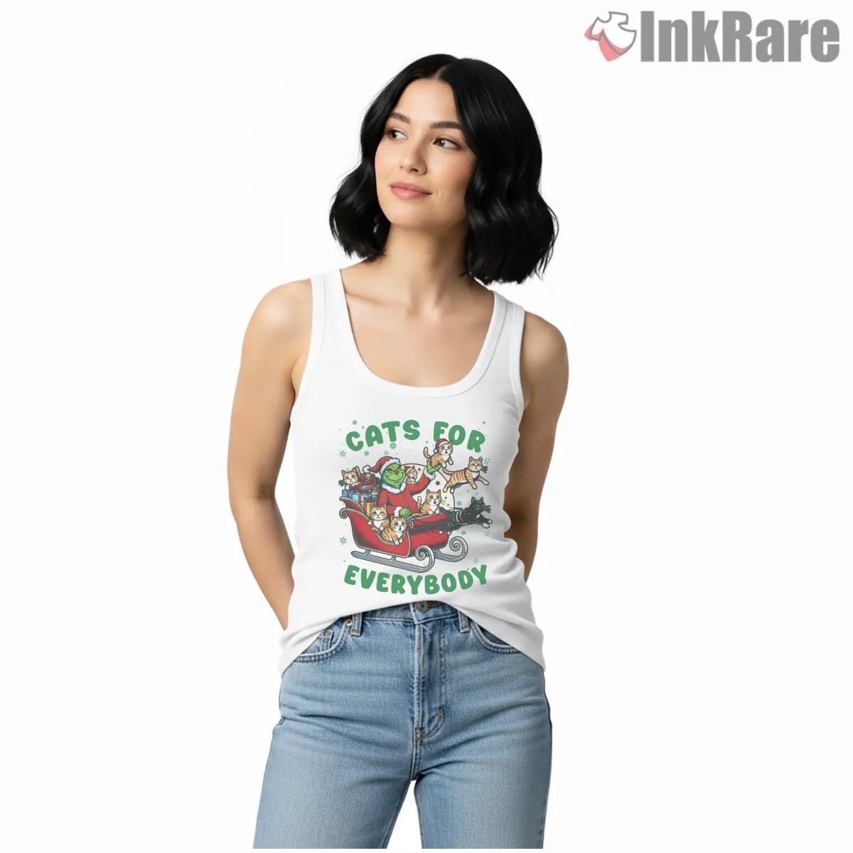 Grinch Cats For Everybody Christmas Sleigh Tank Top White Grinch Cats For Everybody Christmas Sleigh Shirt on white tank top for women graphic tee