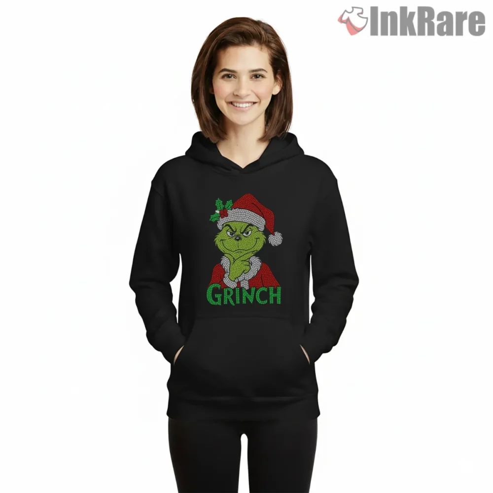 Grinch Christmas Knit Style Ugly Sweater Shirt on black hoodie for women graphic tee