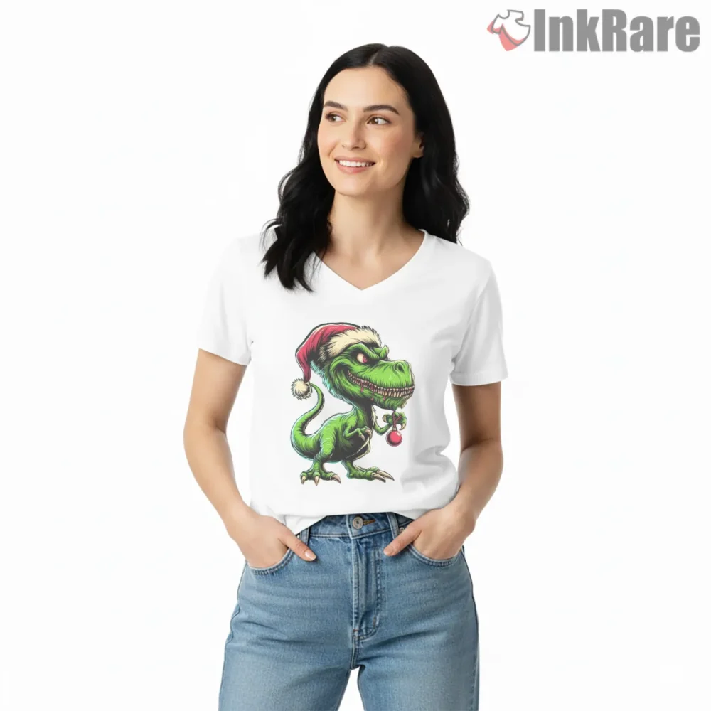 Grinch Dinosaur T Rex Christmas Shirt on white v-neck shirt for women graphic tee