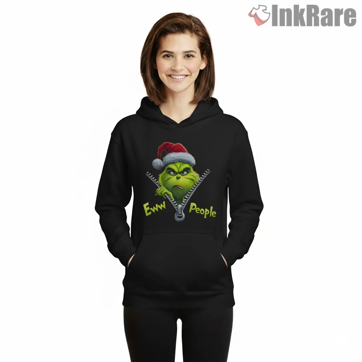Grinch Ew People Zipper Head Christmas Shirt on black hoodie for women graphic tee