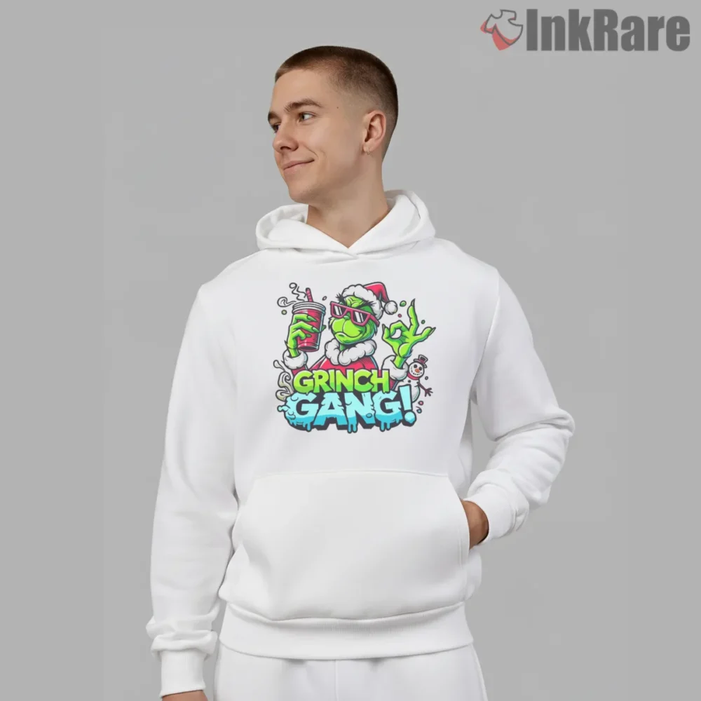 Grinch Gang Cool Christmas Squad Graphic Shirt on white hoodie for men graphic tee