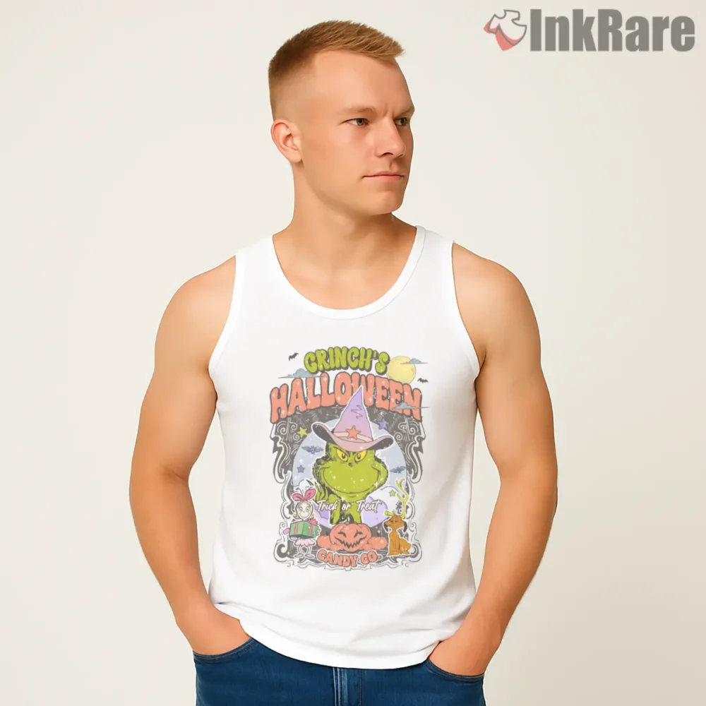 Grinch Halloween Candy Corn Mashup Shirt on white tank top for men graphic tee