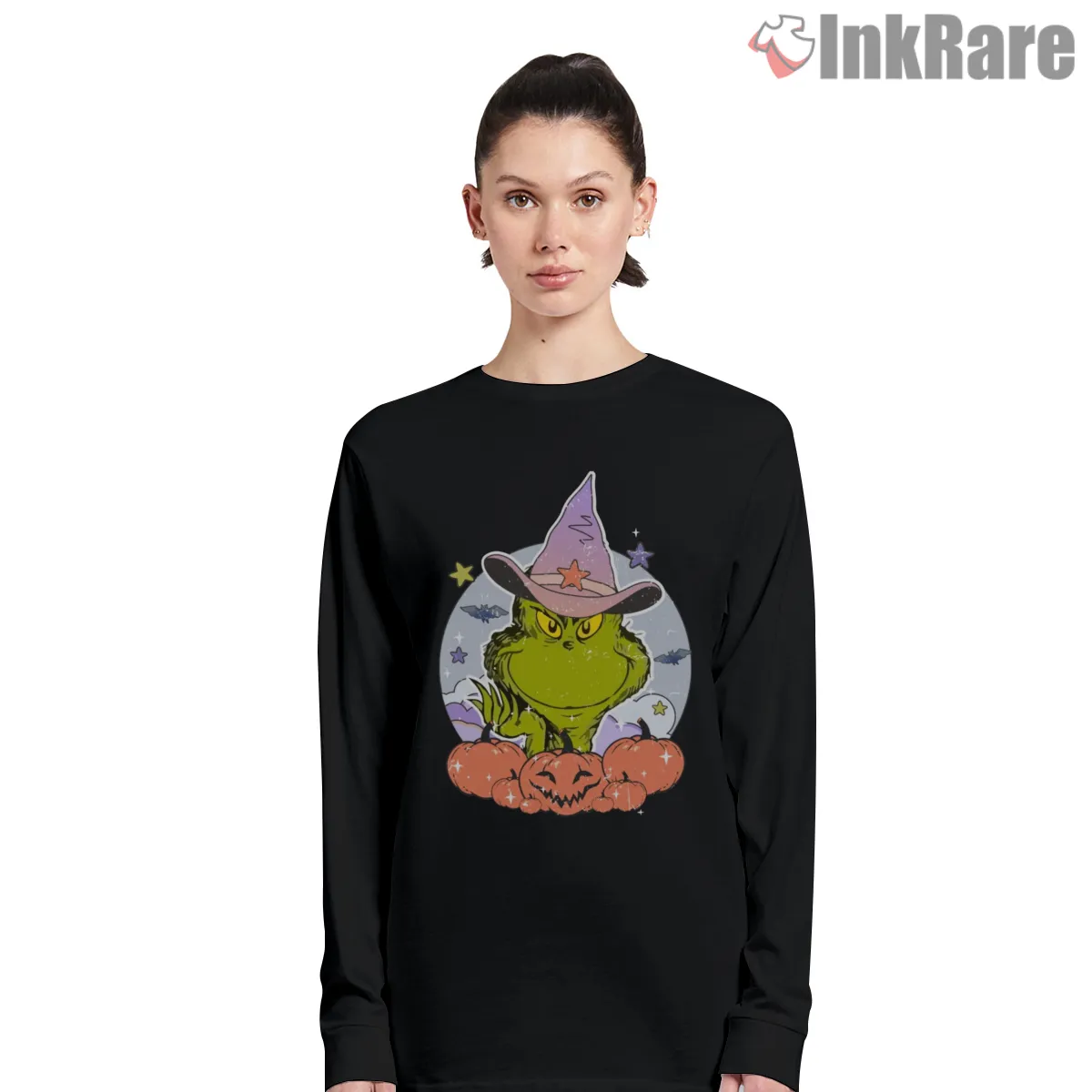 Grinch Halloween Witch Hat Pumpkin Shirt on black long sleeve shirt for women graphic tee