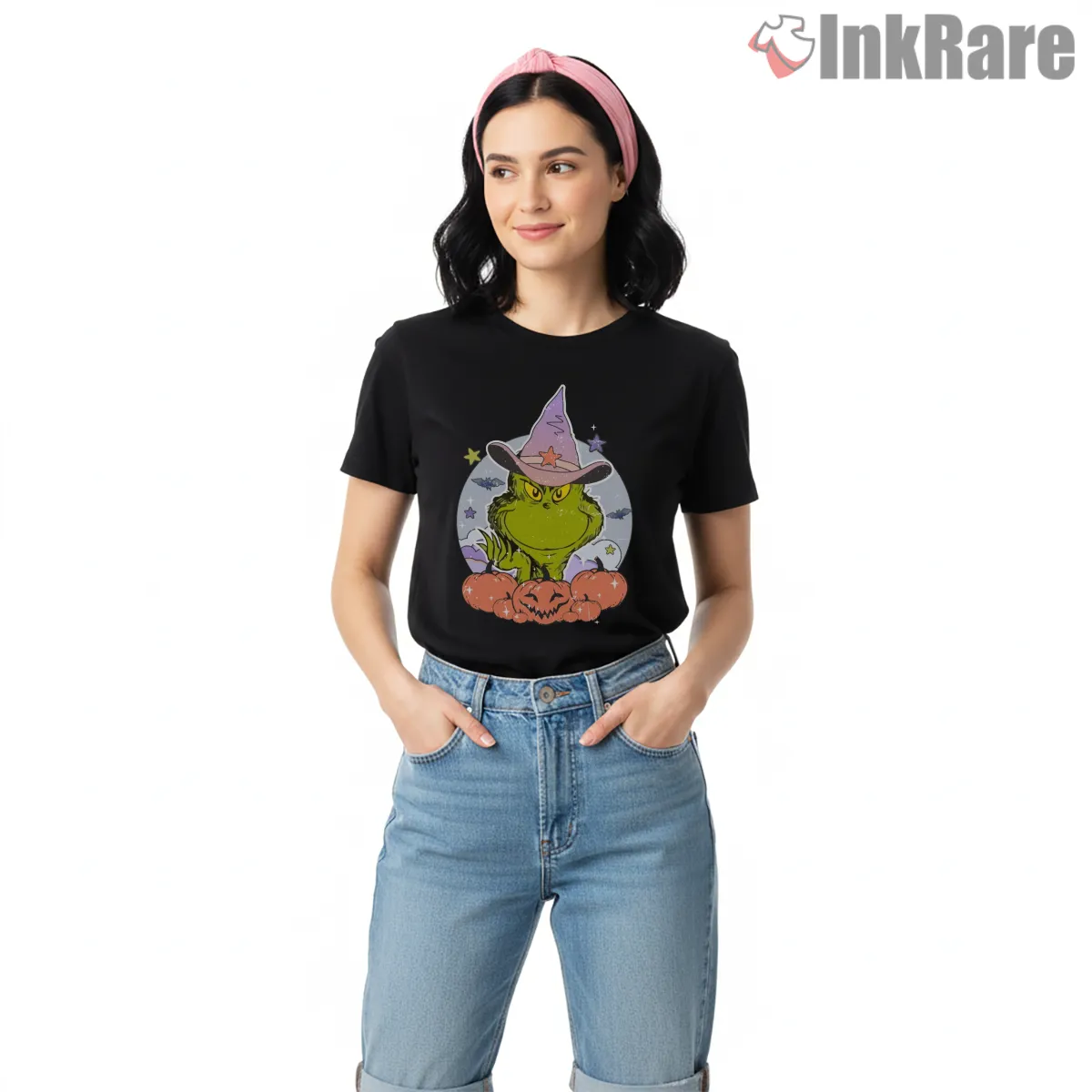 Grinch Halloween Witch Hat Pumpkin Short Sleeve Black Grinch Halloween Witch Hat Pumpkin Shirt on black short sleeve shirt for women graphic tee
