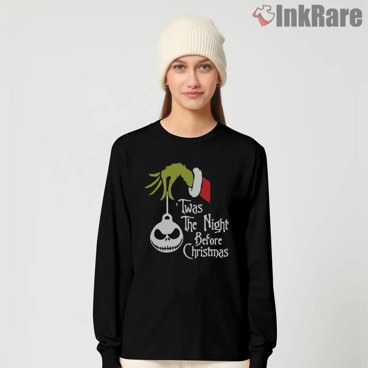 Grinch Hand Night Before Christmas Crossover Long Sleeve Black Grinch Hand Night Before Christmas Crossover Shirt on black long sleeve shirt for women graphic tee