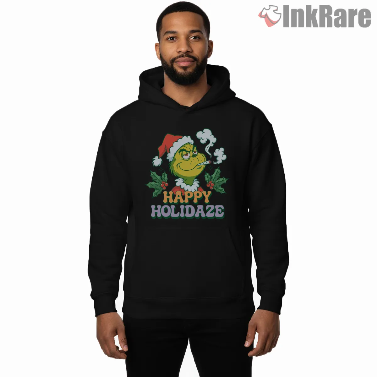 Grinch Happy Holidaze 420 Christmas Chill Shirt on black hoodie for men graphic tee