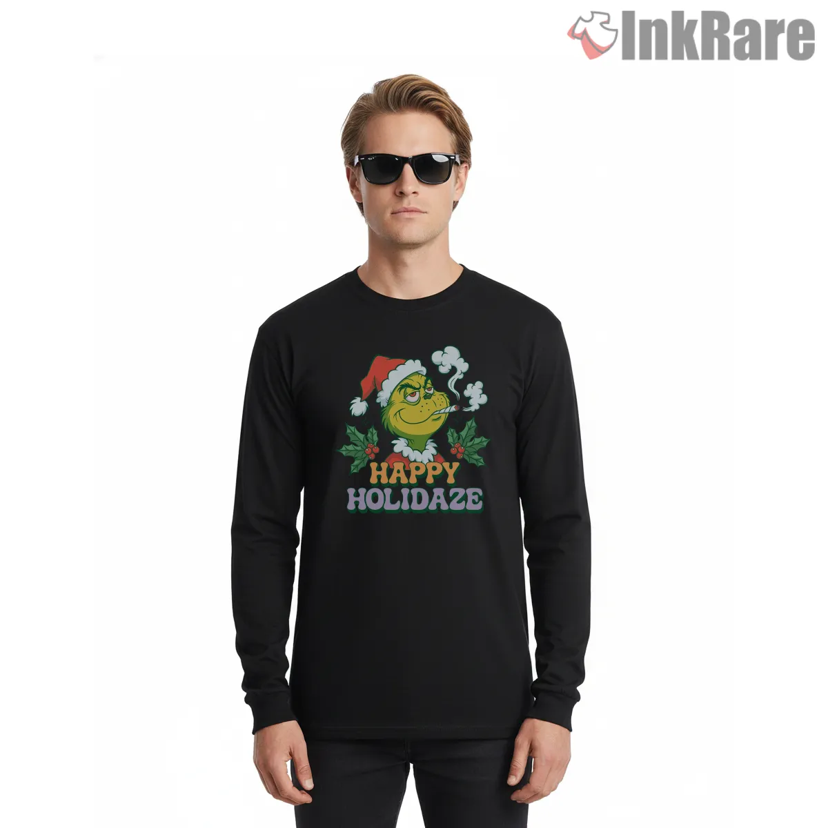 Grinch Happy Holidaze 420 Christmas Chill Long Sleeve Black Grinch Happy Holidaze 420 Christmas Chill Shirt on black long sleeve shirt for men graphic tee