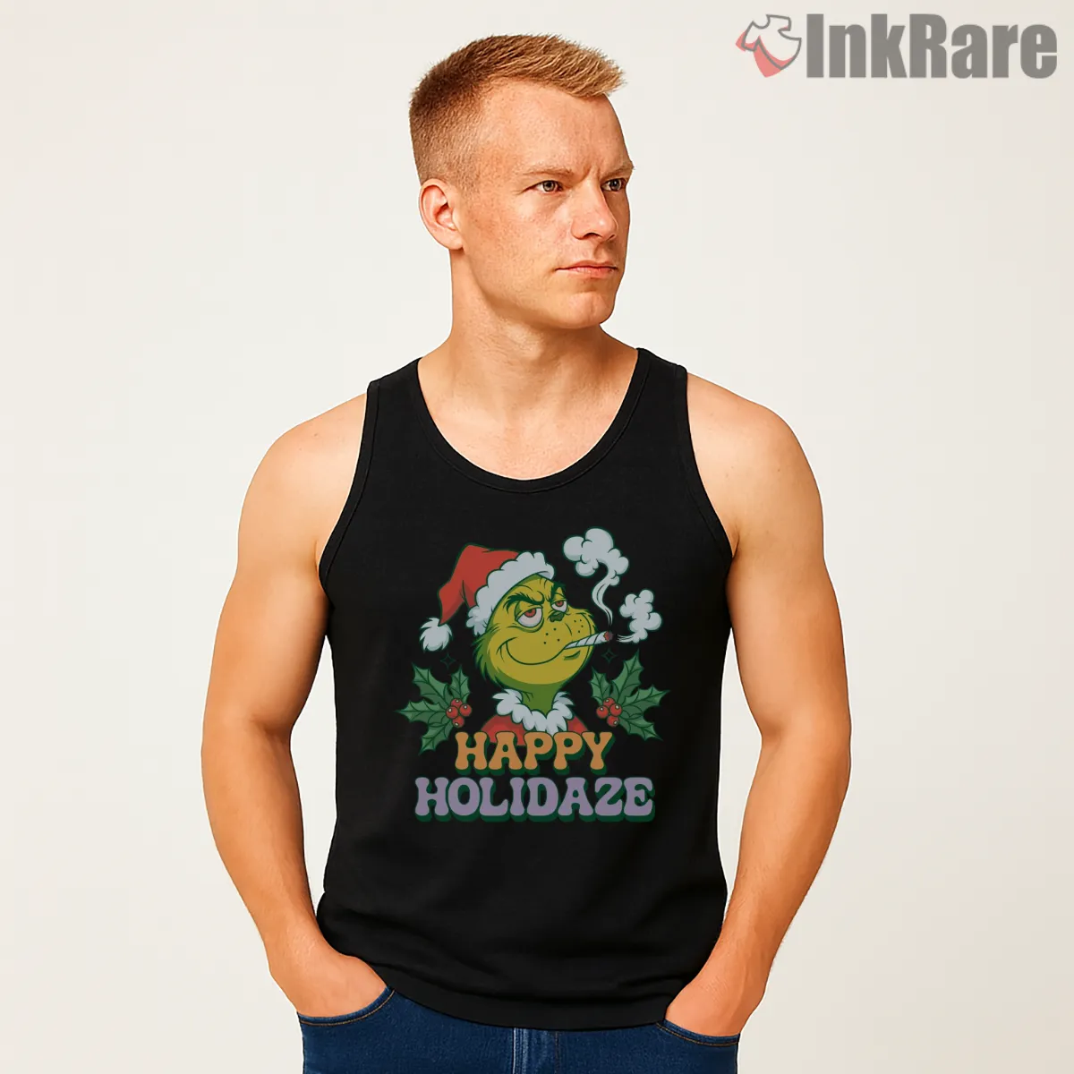 Grinch Happy Holidaze 420 Christmas Chill Tank Top Black Grinch Happy Holidaze 420 Christmas Chill Shirt on black tank top for men graphic tee