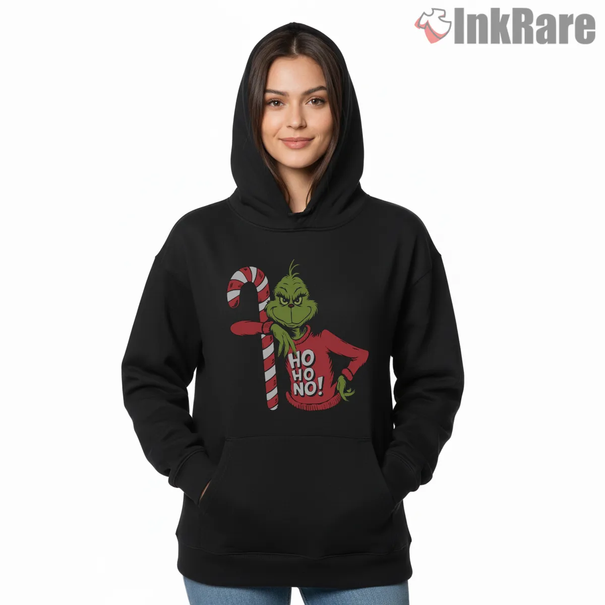 Grinch Ho Ho No Candy Cane Hoodie Black Grinch Ho Ho No Candy Cane Shirt on black hoodie for women graphic tee