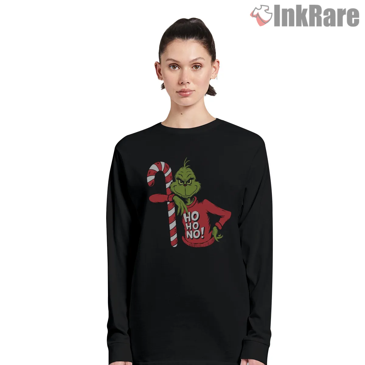 Grinch Ho Ho No Candy Cane Long Sleeve Black Grinch Ho Ho No Candy Cane Shirt on black long sleeve shirt for women graphic tee