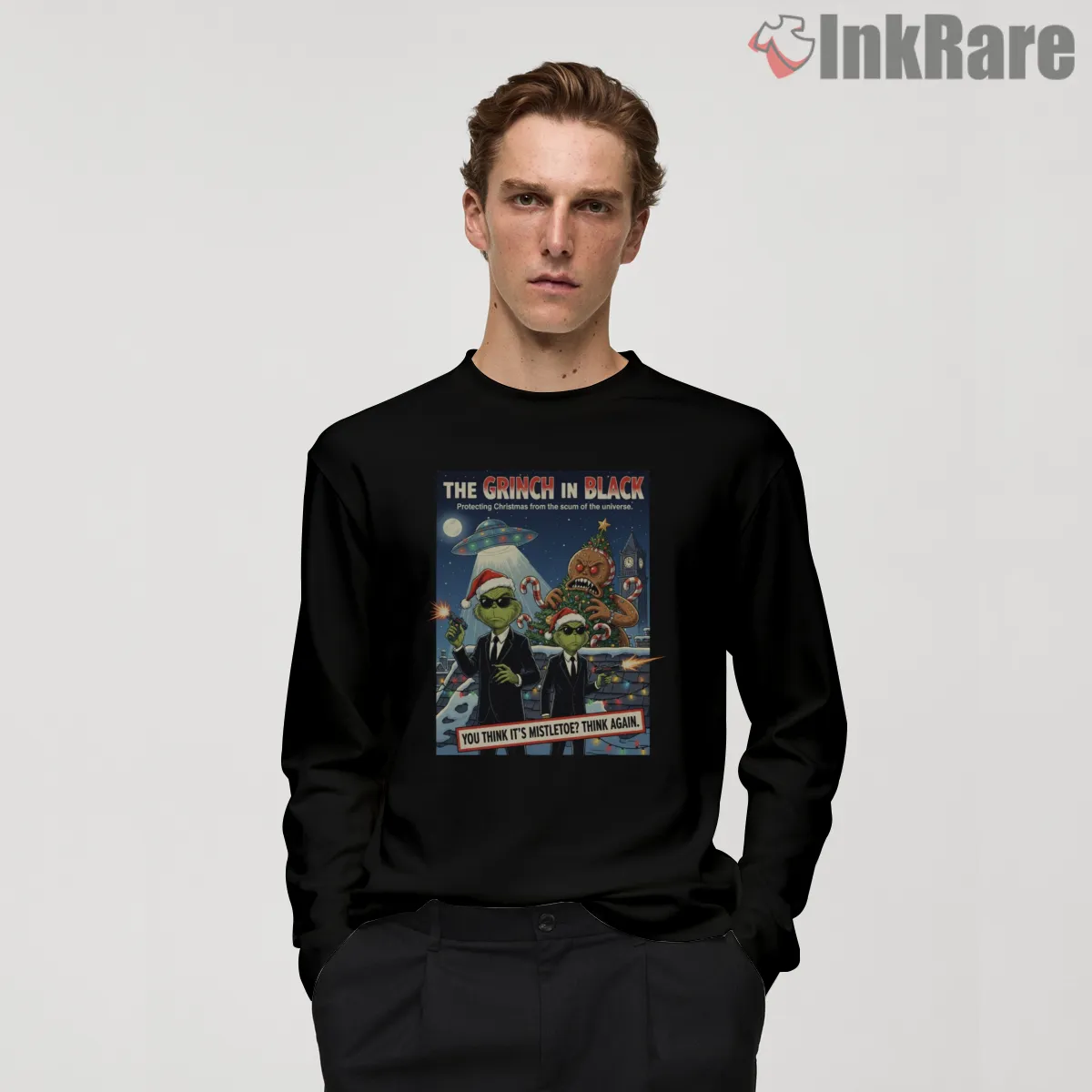 Grinch In Black Sci Fi Christmas Parody Long Sleeve Black Grinch In Black Sci Fi Christmas Parody Shirt on black long sleeve shirt for men graphic tee