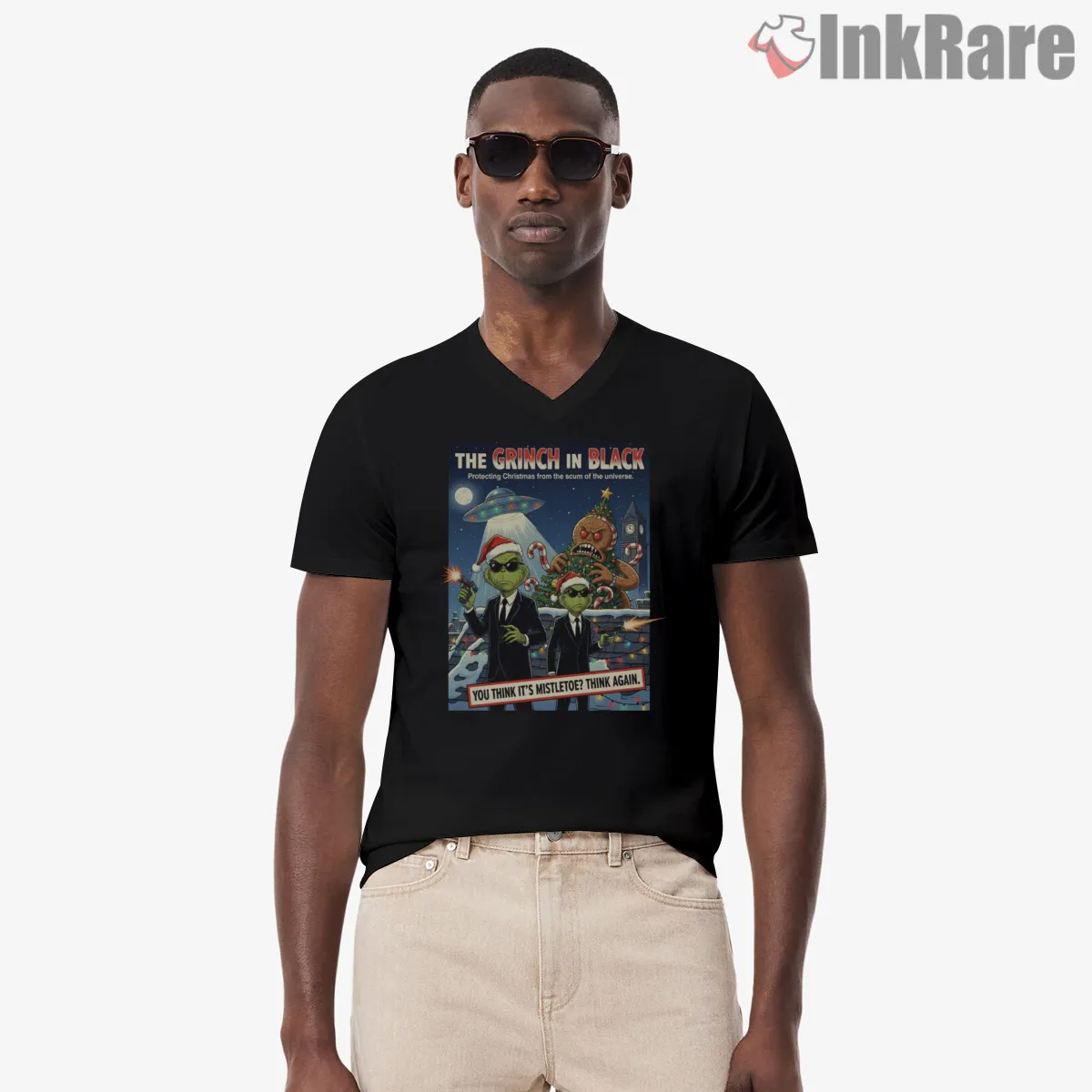 Grinch In Black Sci Fi Christmas Parody V Neck Black Grinch In Black Sci Fi Christmas Parody Shirt on black v-neck shirt for men graphic tee