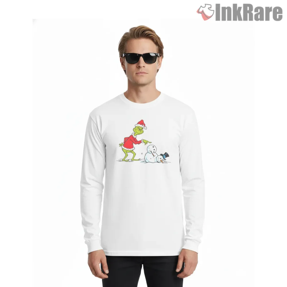 Grinch Knocking Down Snowman Funny Christmas Shirt on white long sleeve shirt for men graphic tee