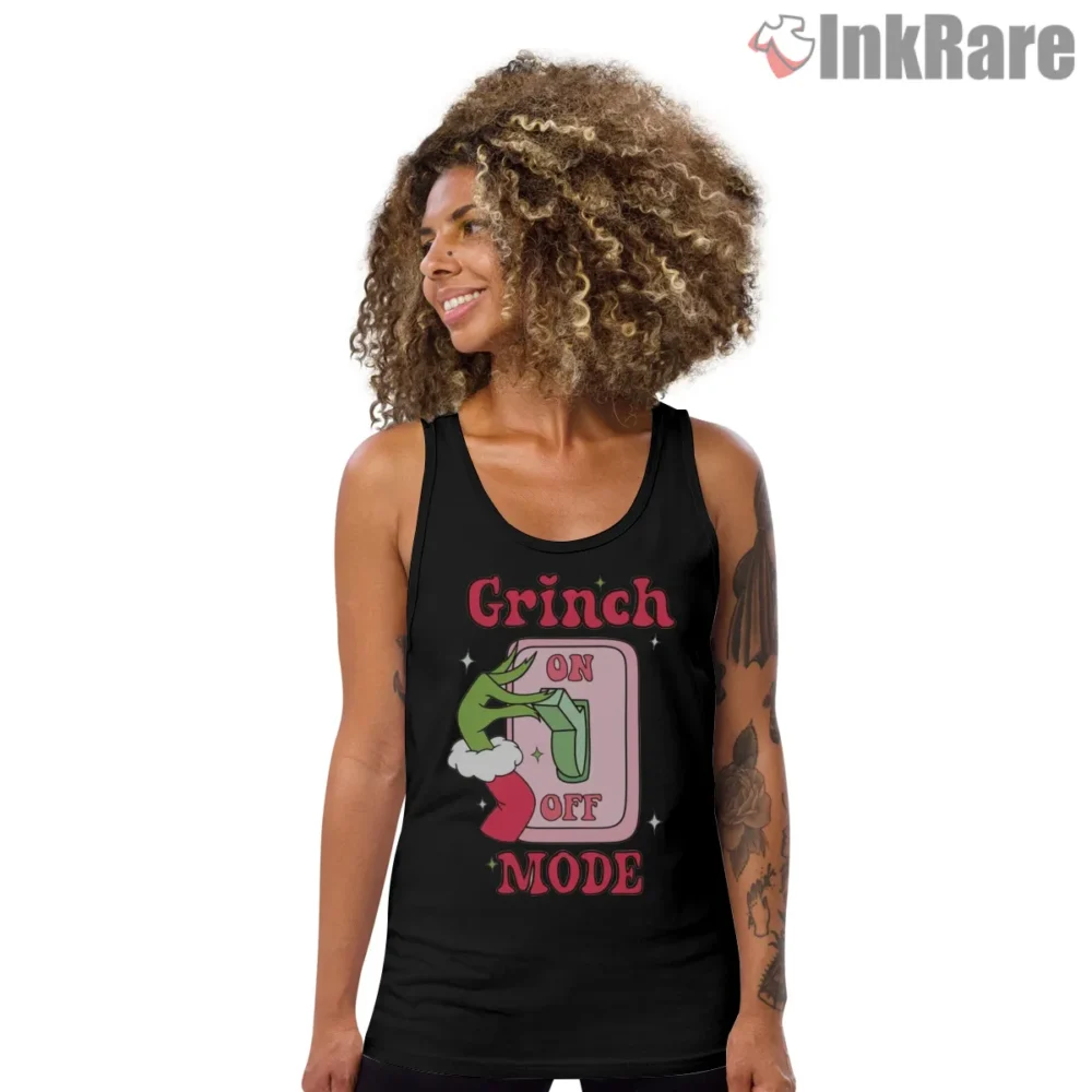 Grinch On Off Mode Switch Shirt on black tank top for women graphic tee