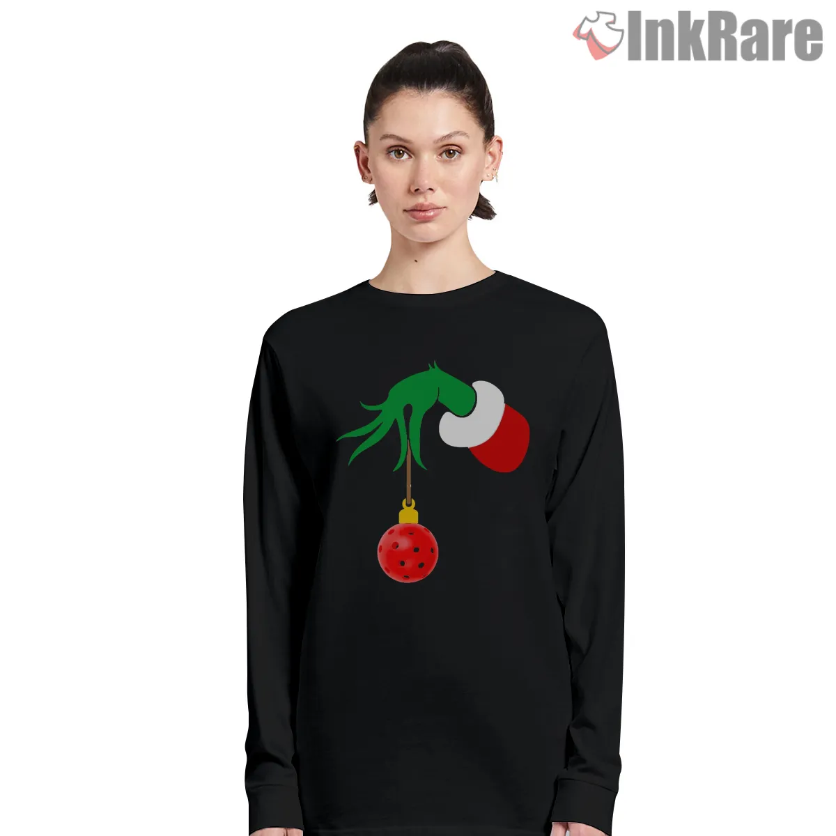 Grinch Pickleball Christmas Ornament Shirt on black long sleeve shirt for women graphic tee
