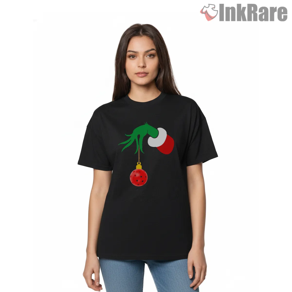 Grinch Pickleball Christmas Ornament Short Sleeve Black Grinch Pickleball Christmas Ornament Shirt on black short sleeve shirt for women graphic tee