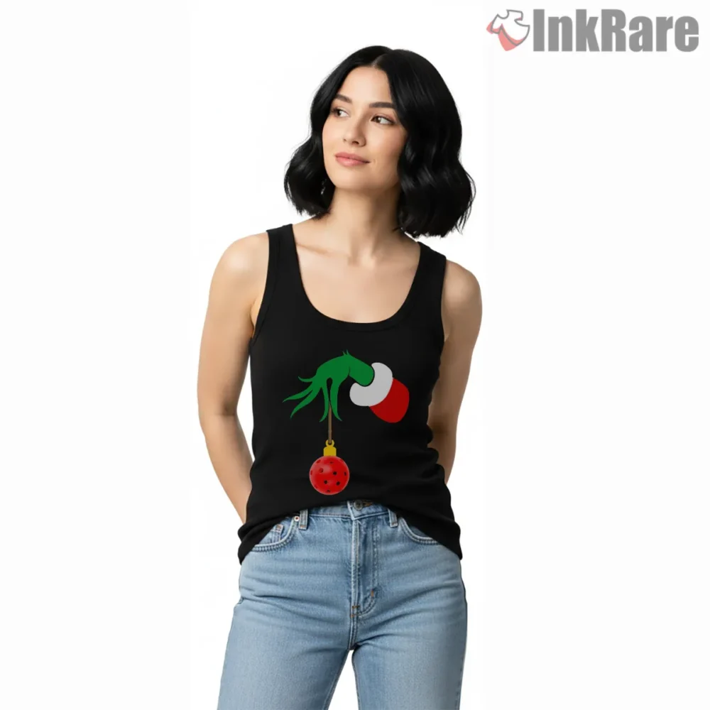Grinch Pickleball Christmas Ornament Shirt on black tank top for women graphic tee