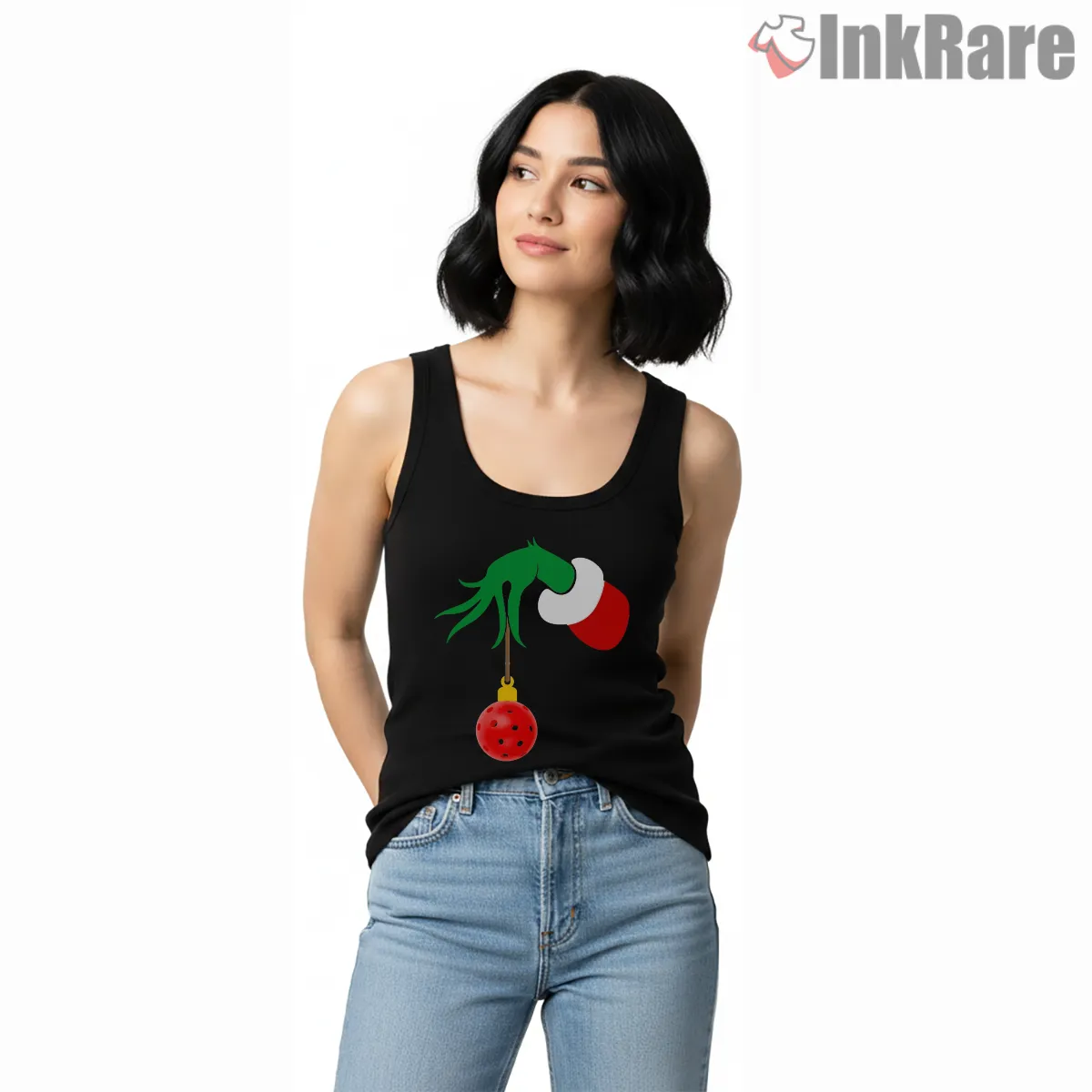 Grinch Pickleball Christmas Ornament Tank Top Black Grinch Pickleball Christmas Ornament Shirt on black tank top for women graphic tee