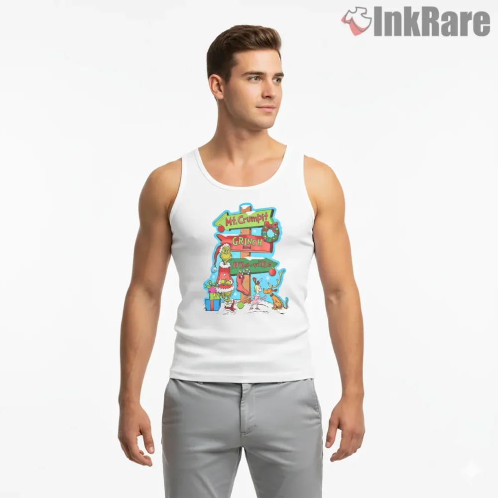 Grinch Road Whoville Mt Crumpit Shirt on white tank top for men graphic tee