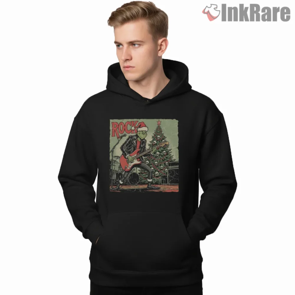 Grinch Rockstar Electric Guitar Christmas Shirt on black hoodie for men graphic tee
