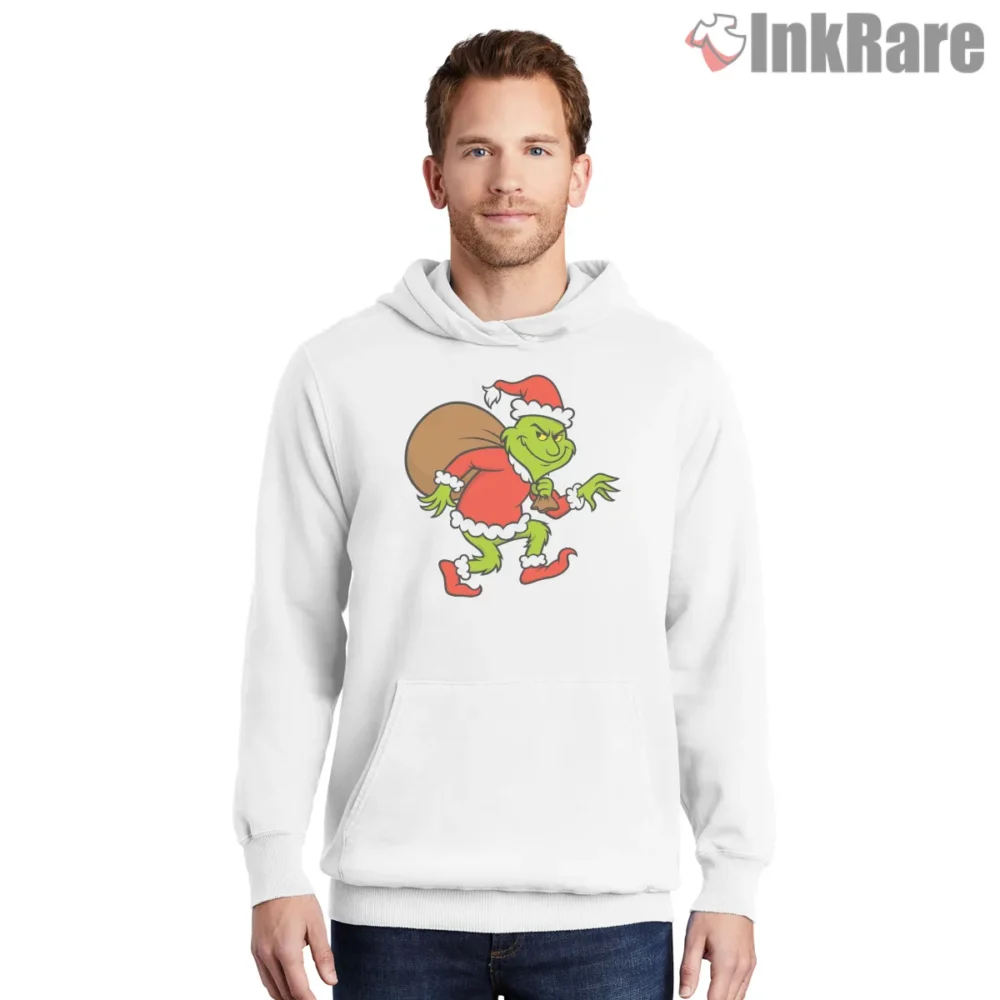 Grinch Sneaky Santa Stealing Christmas Shirt on white hoodie for men graphic tee