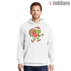 Grinch Sneaky Santa Stealing Christmas Shirt on white hoodie for men graphic tee