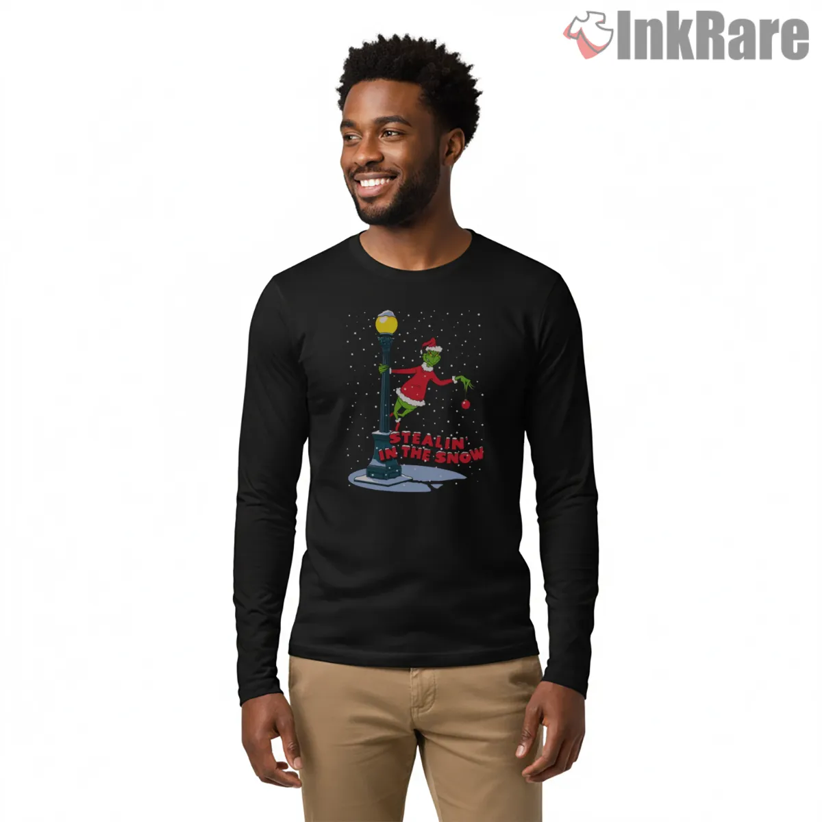 Grinch Stealing In The Snow Christmas Long Sleeve Black Grinch Stealing In The Snow Christmas Shirt on black long sleeve shirt for men graphic tee