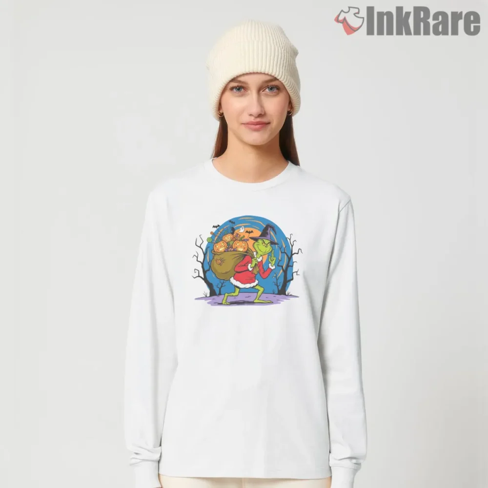 Grinch Stealing Pumpkins Funny Halloween Trick Or Treat Shirt on white long sleeve shirt for women graphic tee