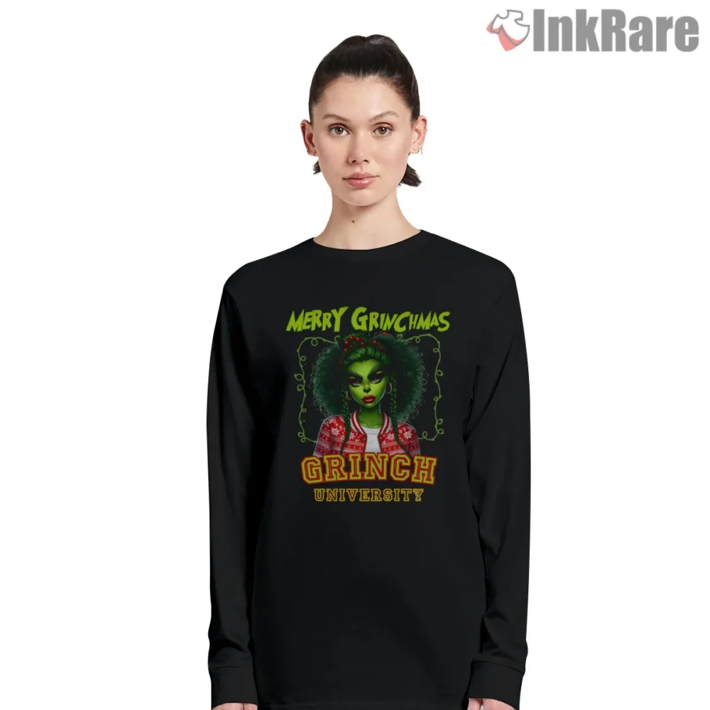 Grinch University Christmas Spirit Shirt on black long sleeve shirt for women graphic tee