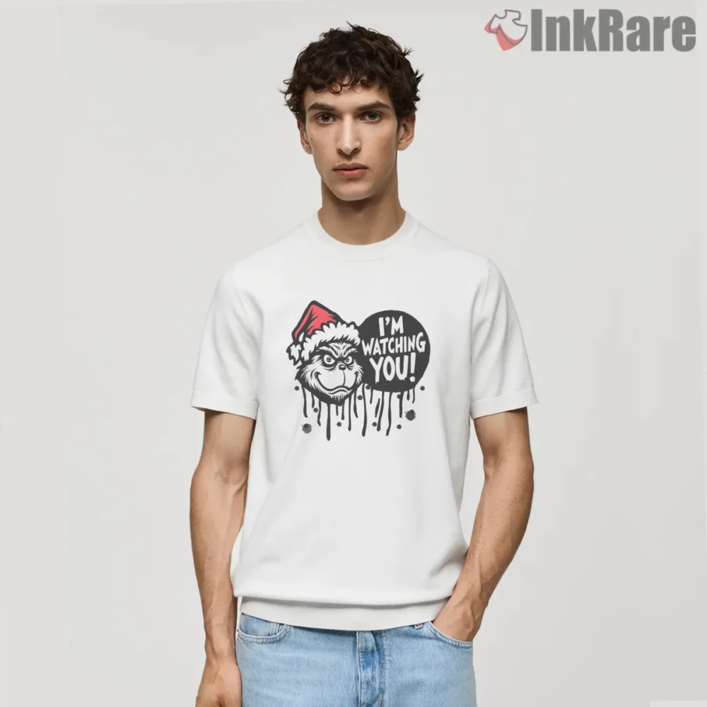 Grinch Watching You Creepy Santa Face Shirt on white short sleeve shirt for men graphic tee