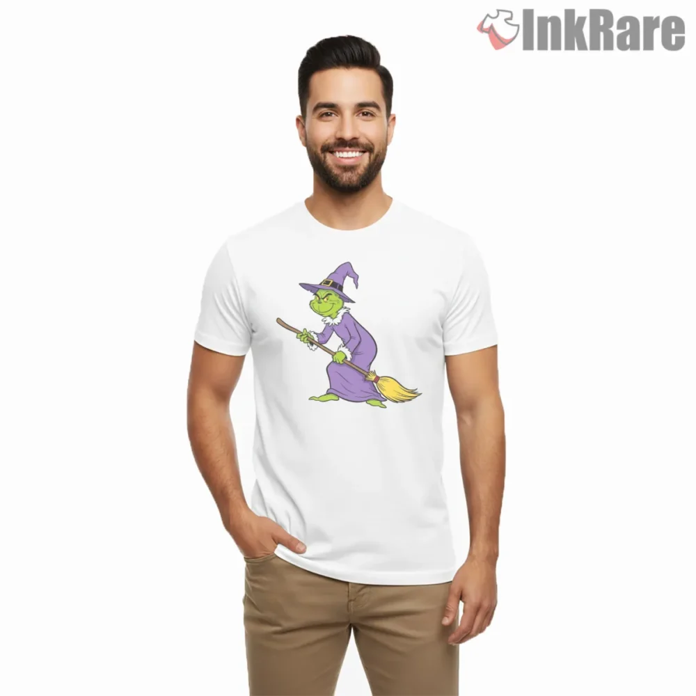 Grinch Witch Broomstick Halloween Shirt on white short sleeve shirt for men graphic tee