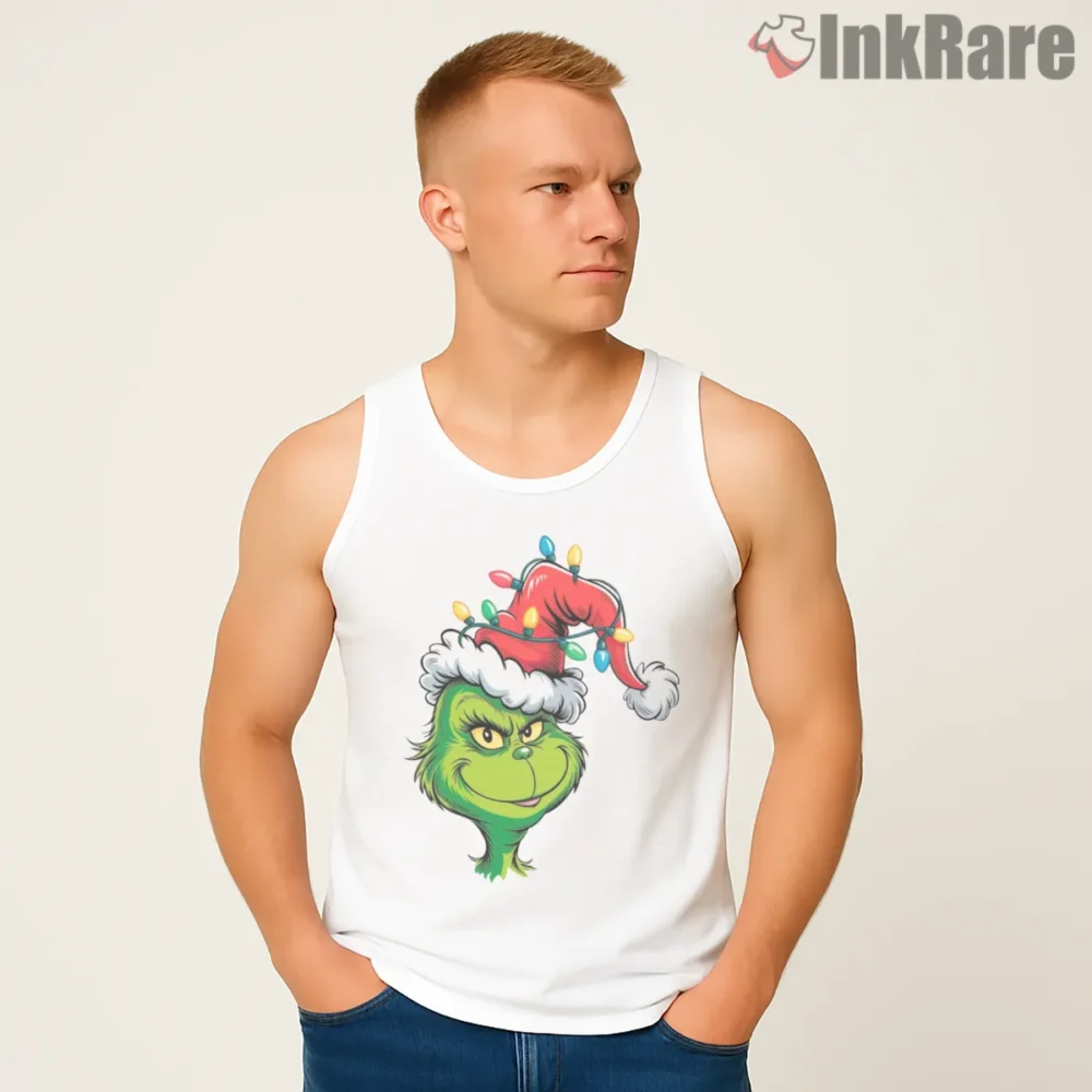 Grinch With Christmas Lights Santa Hat Shirt on white tank top for men graphic tee
