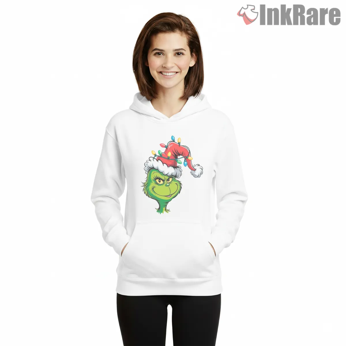 Grinch With Christmas Lights Santa Hat Hoodie White Grinch With Christmas Lights Santa Hat Shirt on white hoodie for women graphic tee