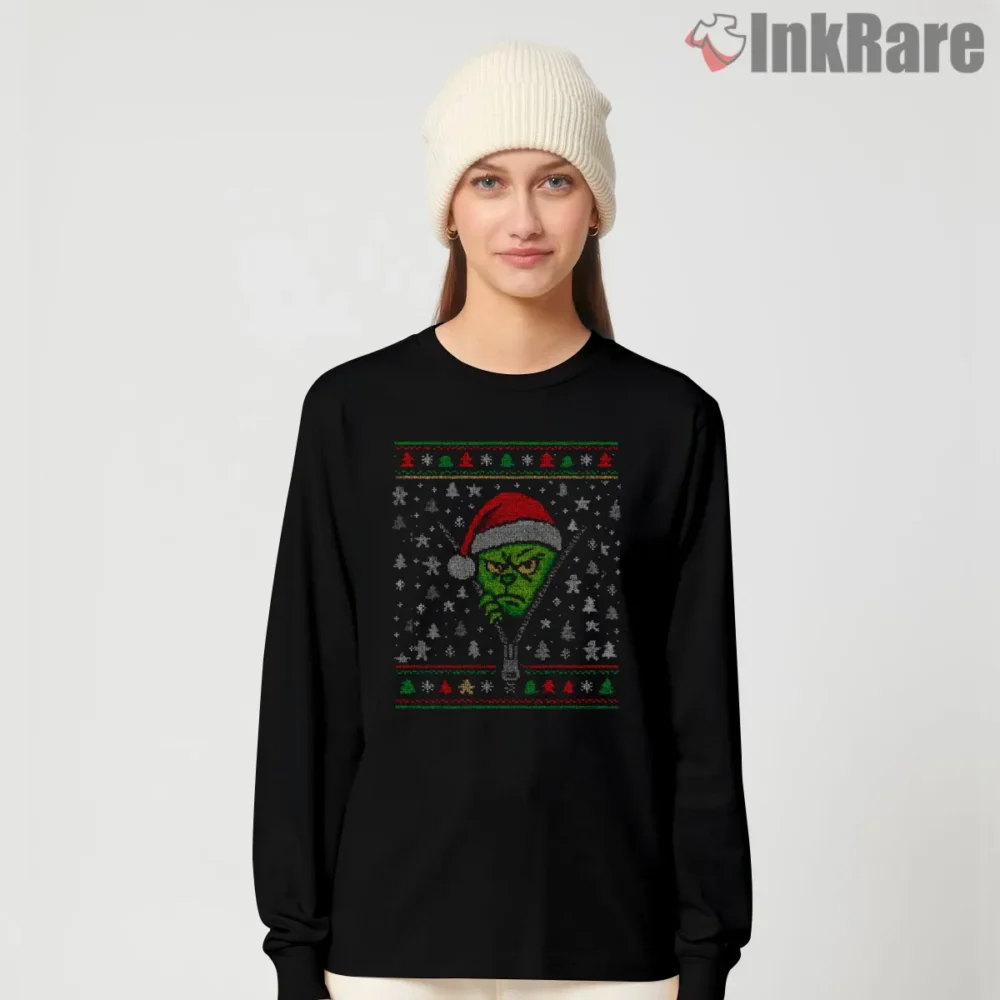 Grinch Zipper Knit Ugly Christmas Sweater Shirt on black long sleeve shirt for women graphic tee