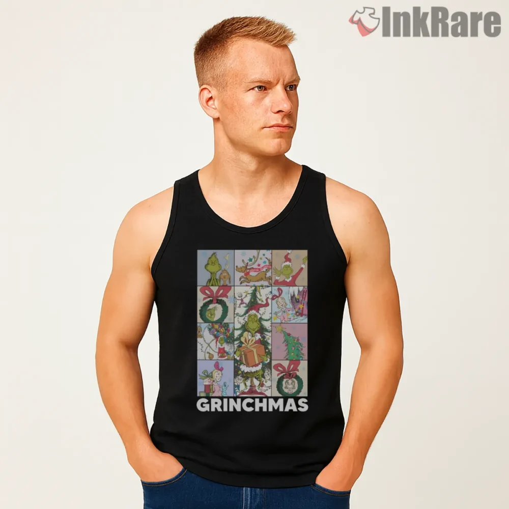 Grinchmas Holiday Collage Retro Christmas Shirt on black tank top for men graphic tee