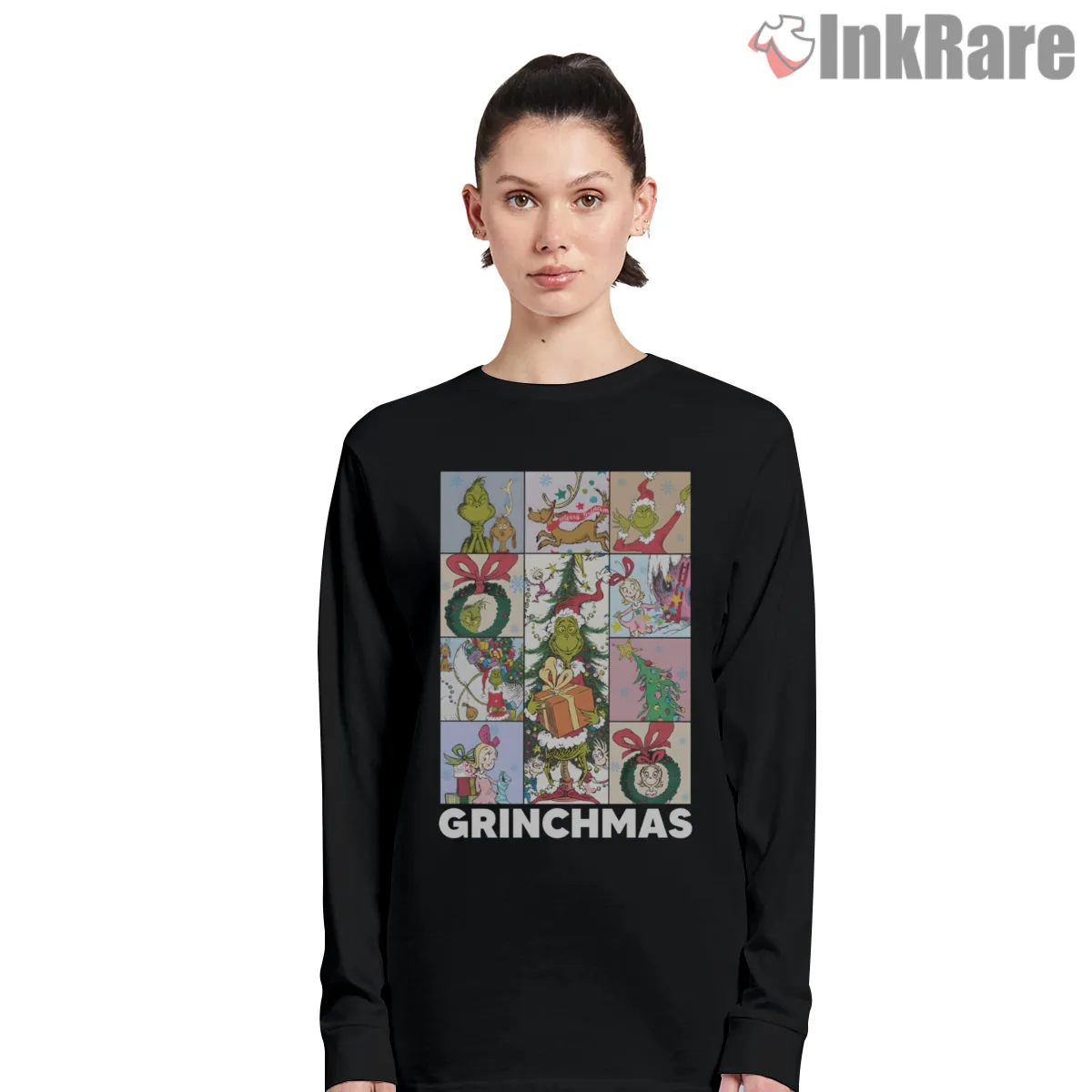 Grinchmas Holiday Collage Retro Christmas Shirt on black long sleeve shirt for women graphic tee