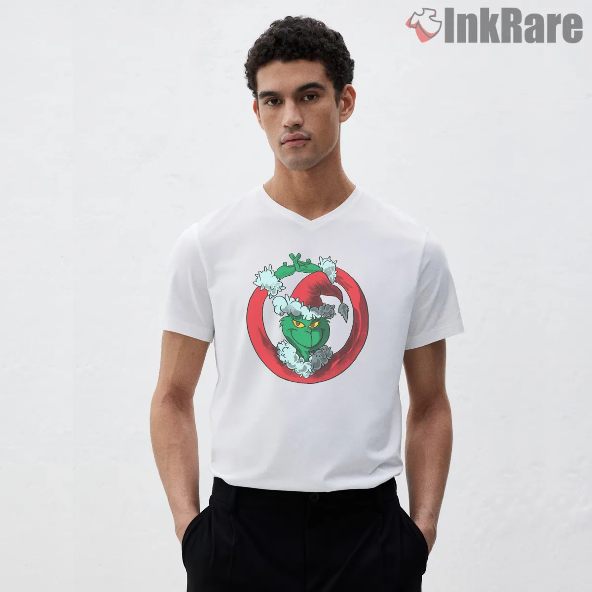 Grinchmas Red Ring Christmas Ornament V Neck White Grinchmas Red Ring Christmas Ornament Shirt on white v-neck shirt for men graphic tee