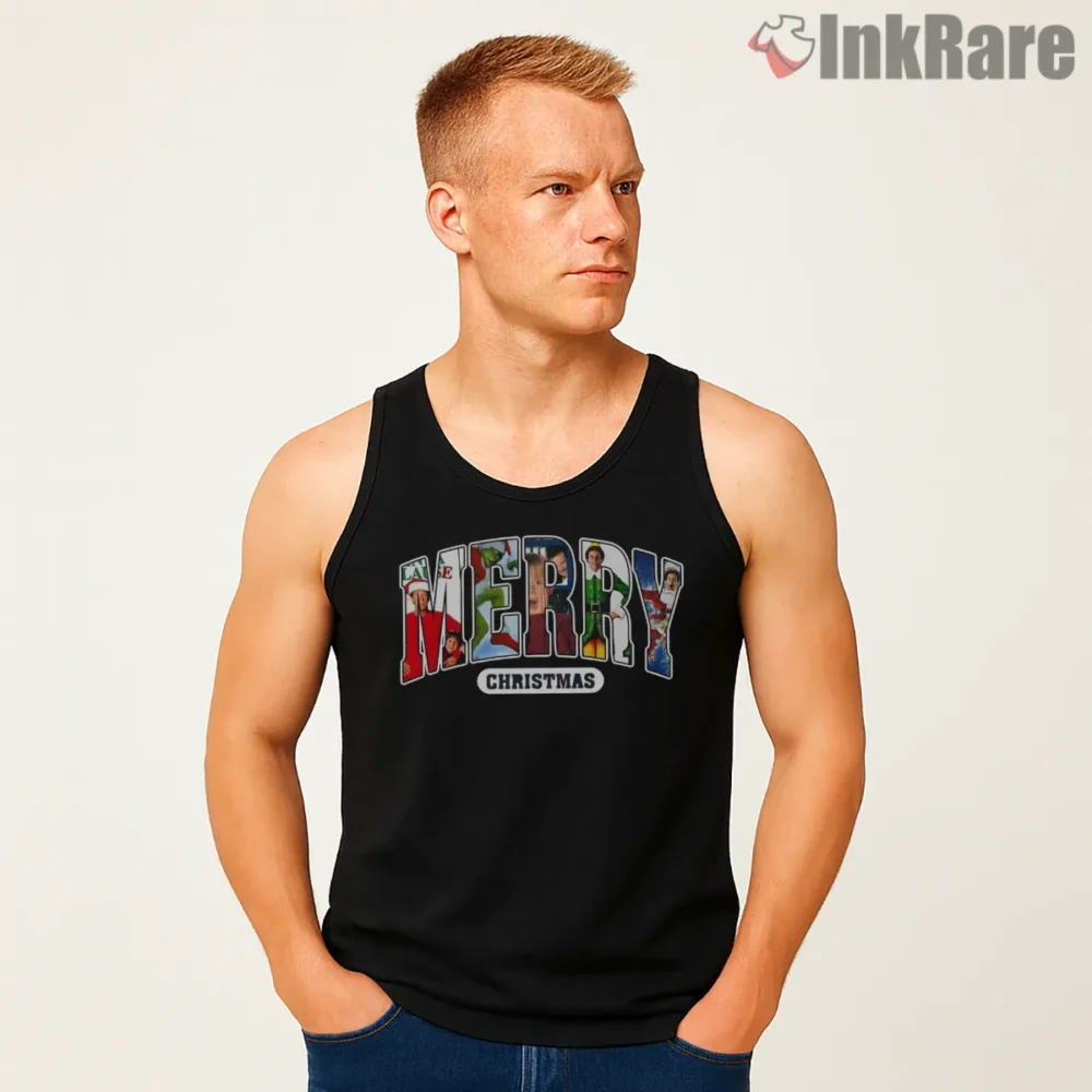 Grinchmas Squad Merry Christmas Movie Mashup Shirt on black tank top for men graphic tee
