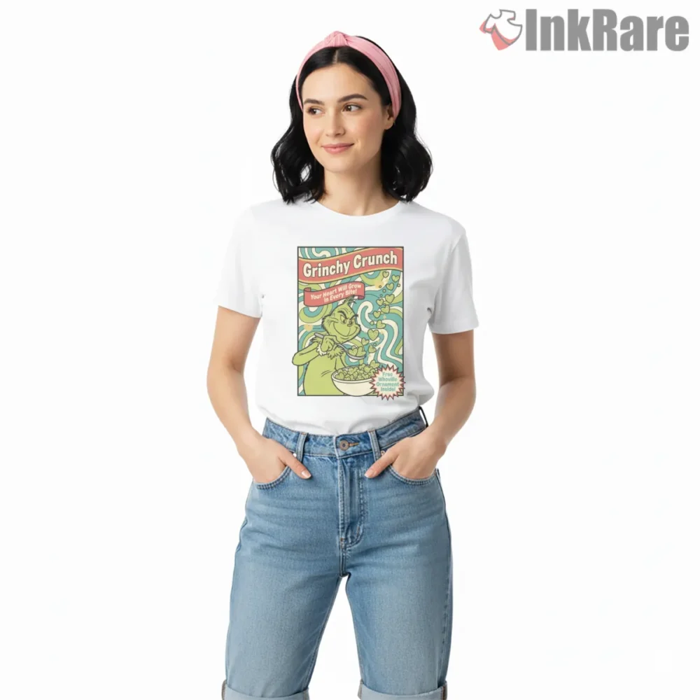 Grinchy Crunch Retro Cereal Box Parody Shirt on white short sleeve shirt for women graphic tee