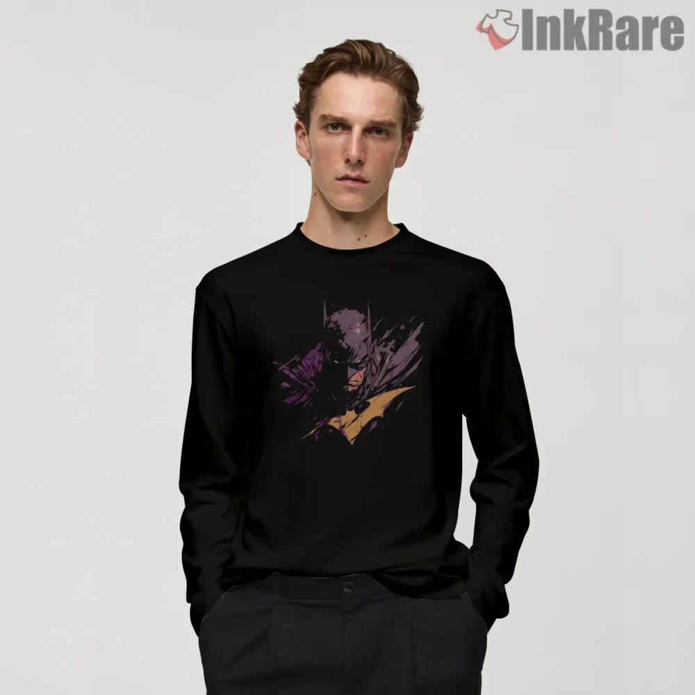 Gritty Purple Brushstroke Batman Portrait Shirt on black long sleeve shirt for men graphic tee