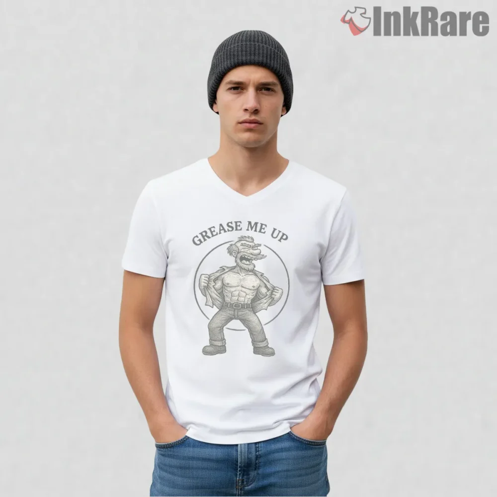 Groundskeeper Willie Grease Me Up Muscular Comedy Shirt on white v-neck shirt for men graphic tee